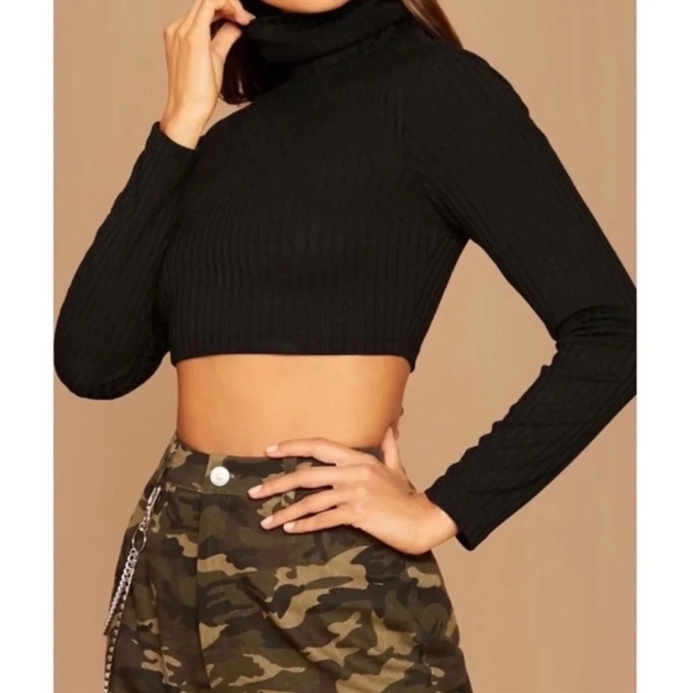 Black Ribbed Turtle Neck Crop Top - Picture 2 of 3
